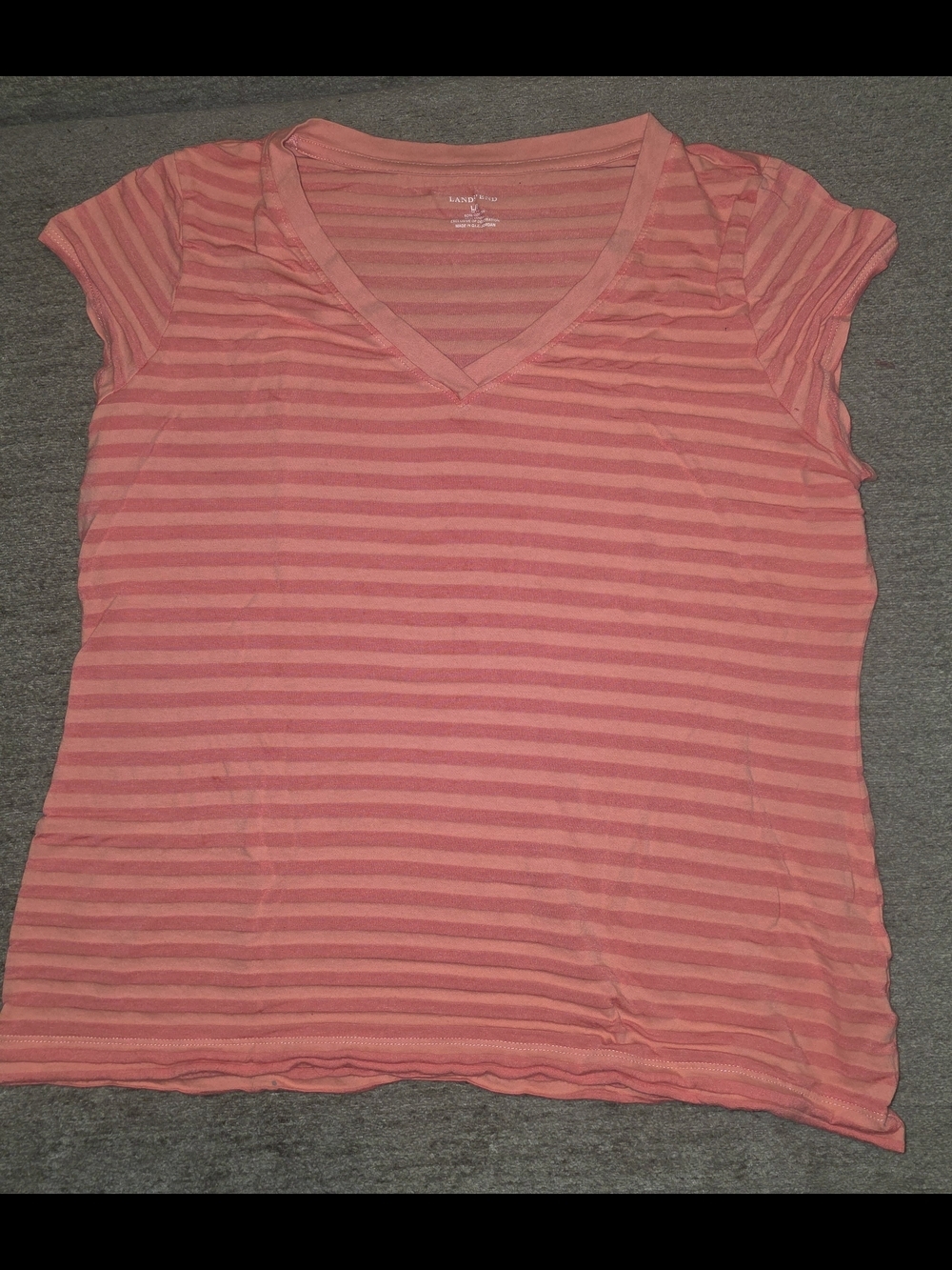 Lands' End Women's Coral Pink Striped V-Neck Tee L/P